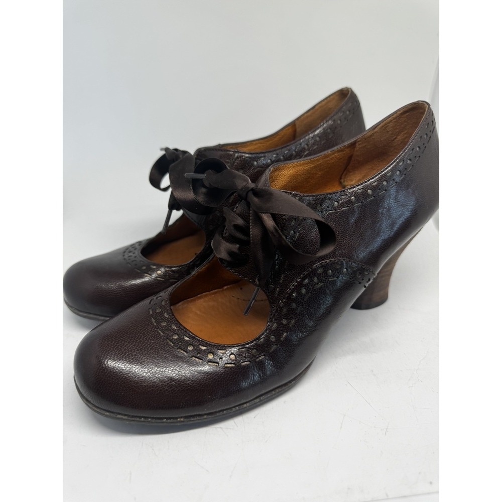Naya Jada Mary Jane Pumps Brown Leather Satin Laces Wooden Heel Shoes 9.5 SB24